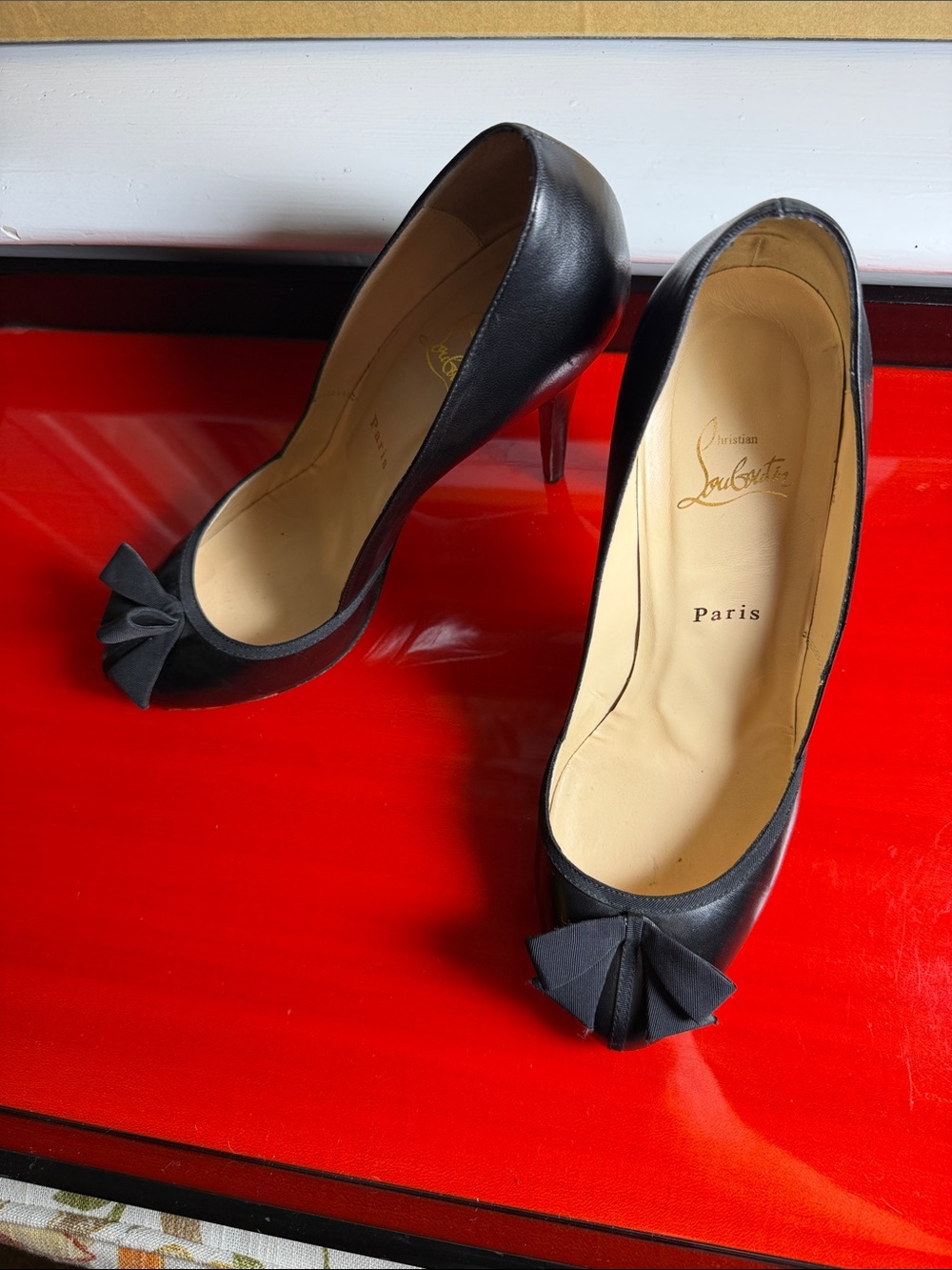Christian Louboutin Black Leather Bow-Accent Pumps